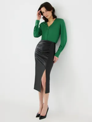 Front Slit Faux Leather Pencil Skirt