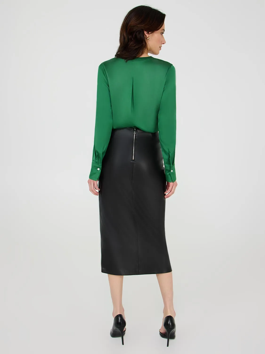 Front Slit Faux Leather Pencil Skirt