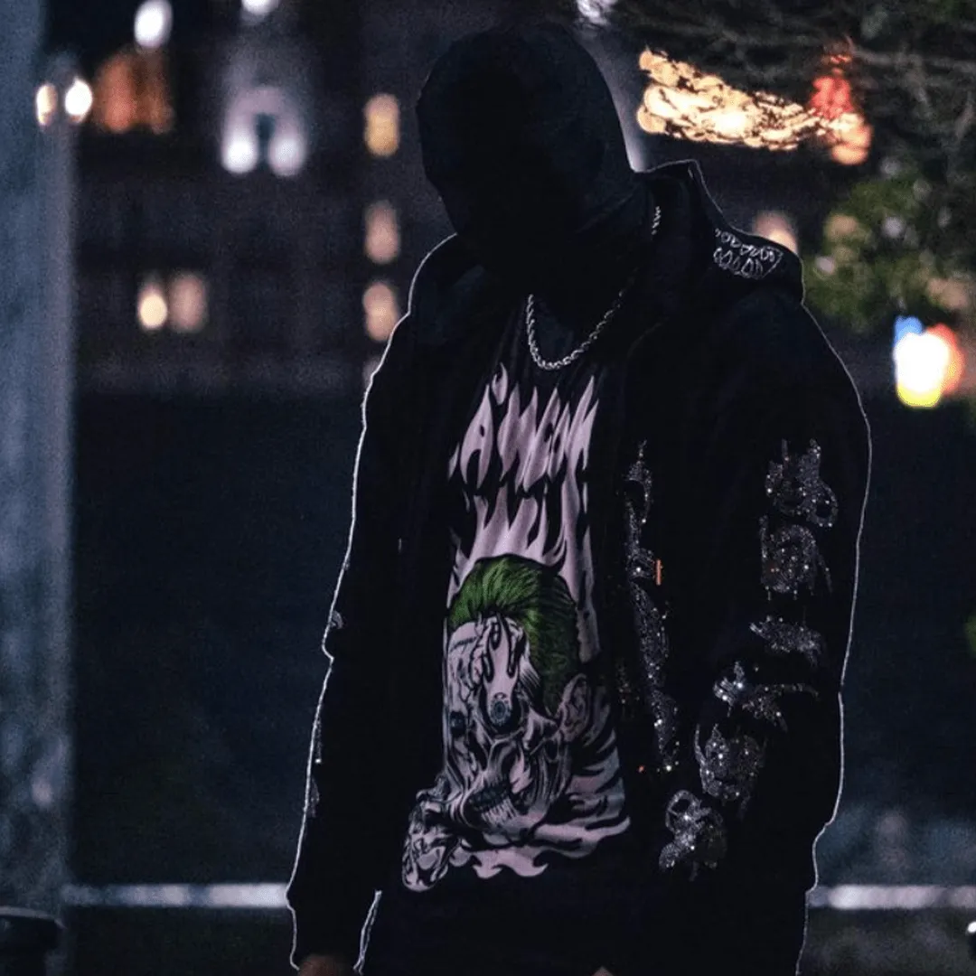 Ghostly Ryujin Full Zip Up Rhinestone Hoodie Black