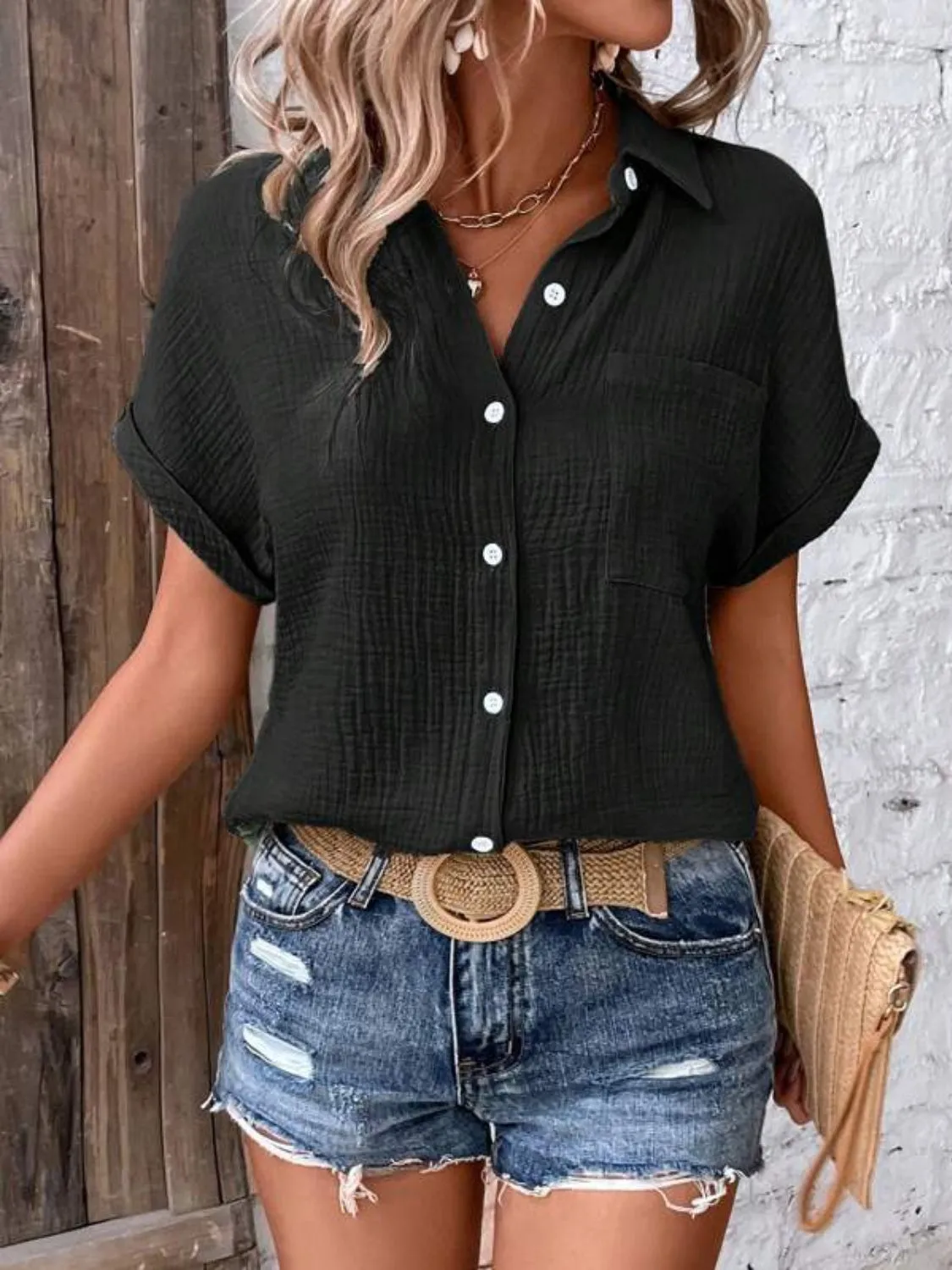 Ginny Textured Button Up Short Sleeve Shirt