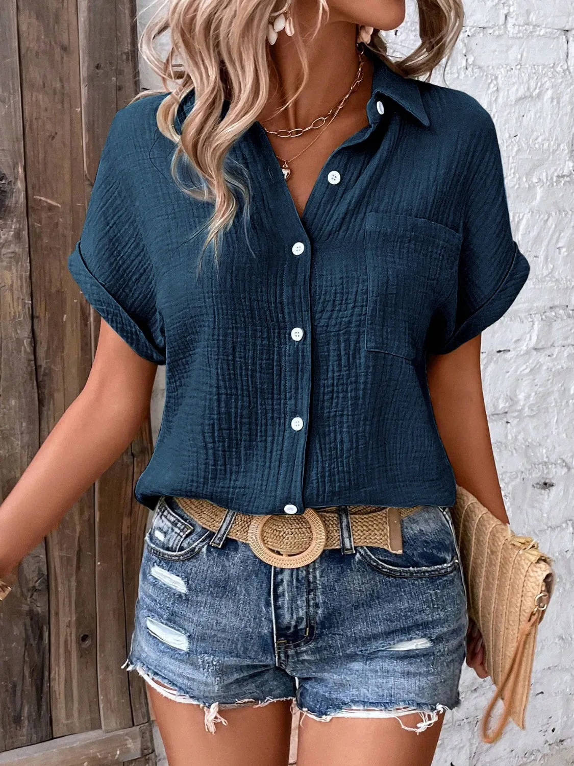 Ginny Textured Button Up Short Sleeve Shirt