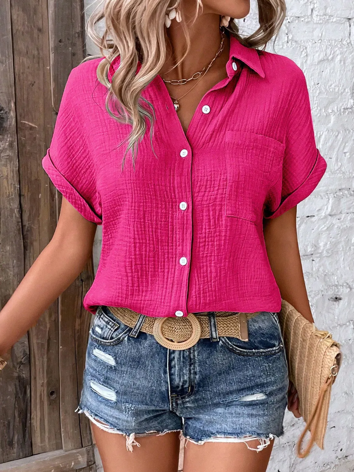 Ginny Textured Button Up Short Sleeve Shirt