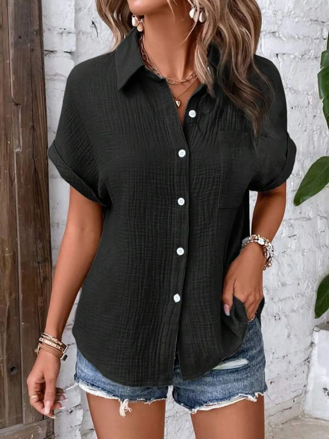 Ginny Textured Button Up Short Sleeve Shirt