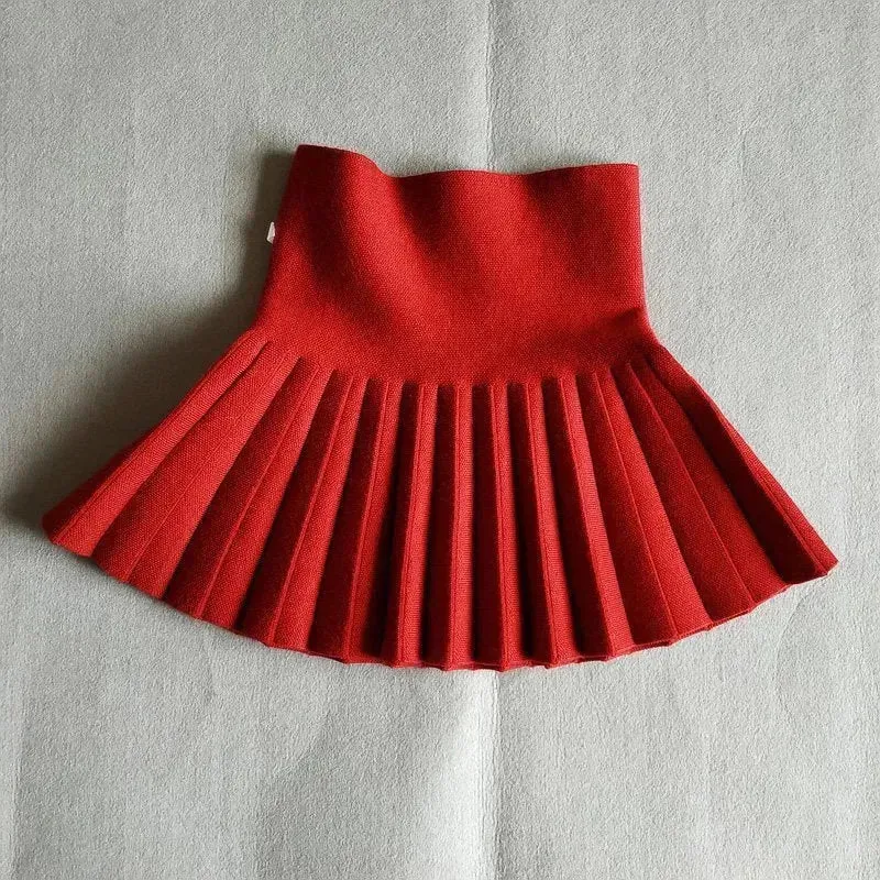Girls Autumn Clothing Knitted Skirt High Waist Pleated Mini Skirt
