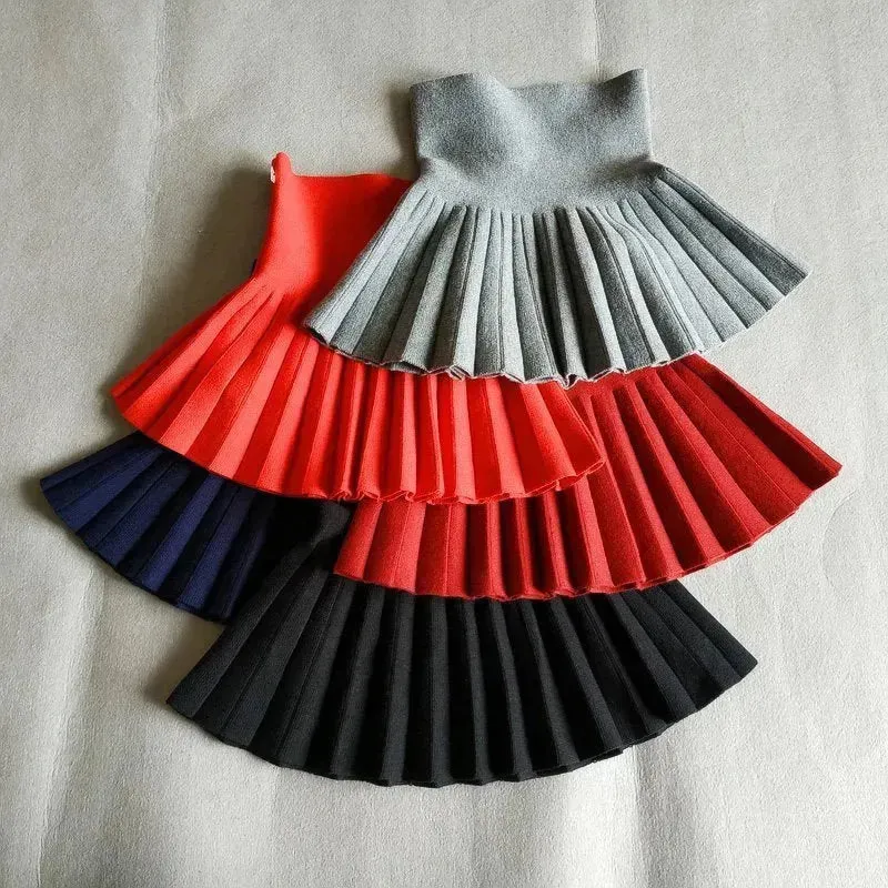 Girls Autumn Clothing Knitted Skirt High Waist Pleated Mini Skirt