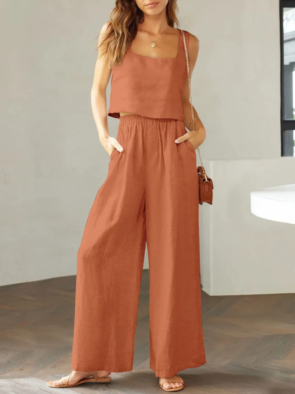 Hazel Blues® |  Square Neck Top and Wide Leg Pants Set