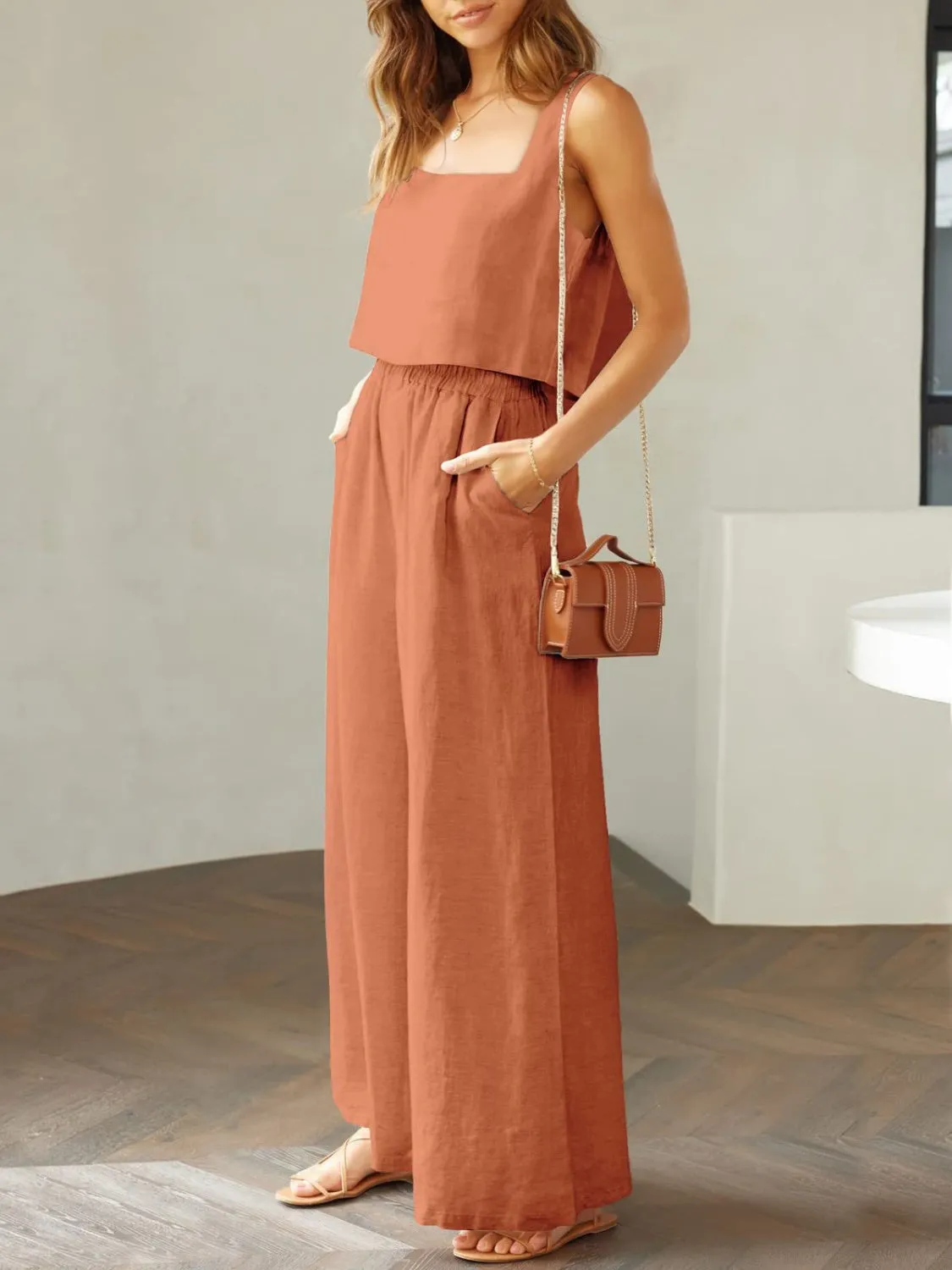 Hazel Blues® |  Square Neck Top and Wide Leg Pants Set