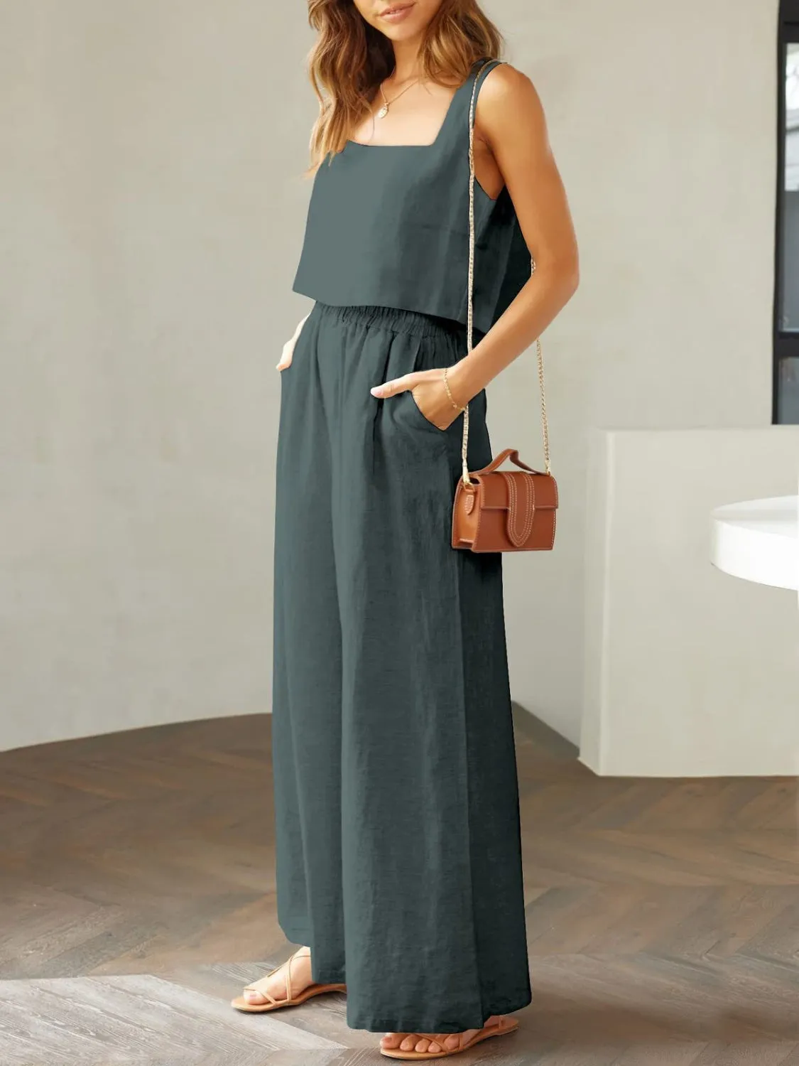 Hazel Blues® |  Square Neck Top and Wide Leg Pants Set