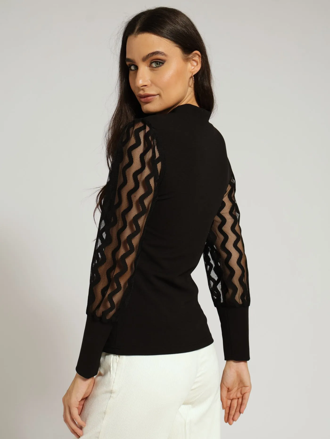 Hi Neck Button Raglan Combo Blouse - Black