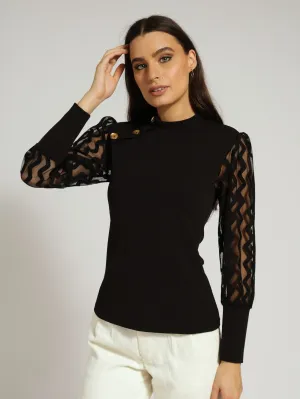 Hi Neck Button Raglan Combo Blouse - Black