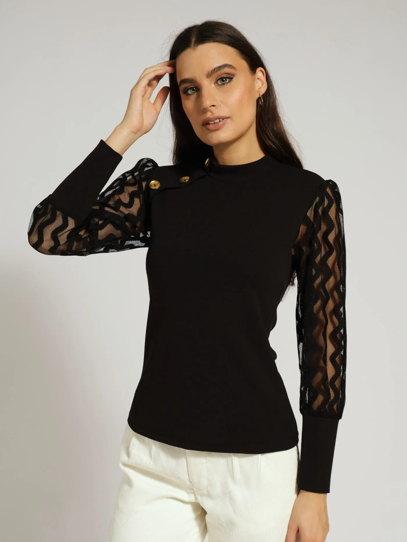 Hi Neck Button Raglan Combo Blouse - Black