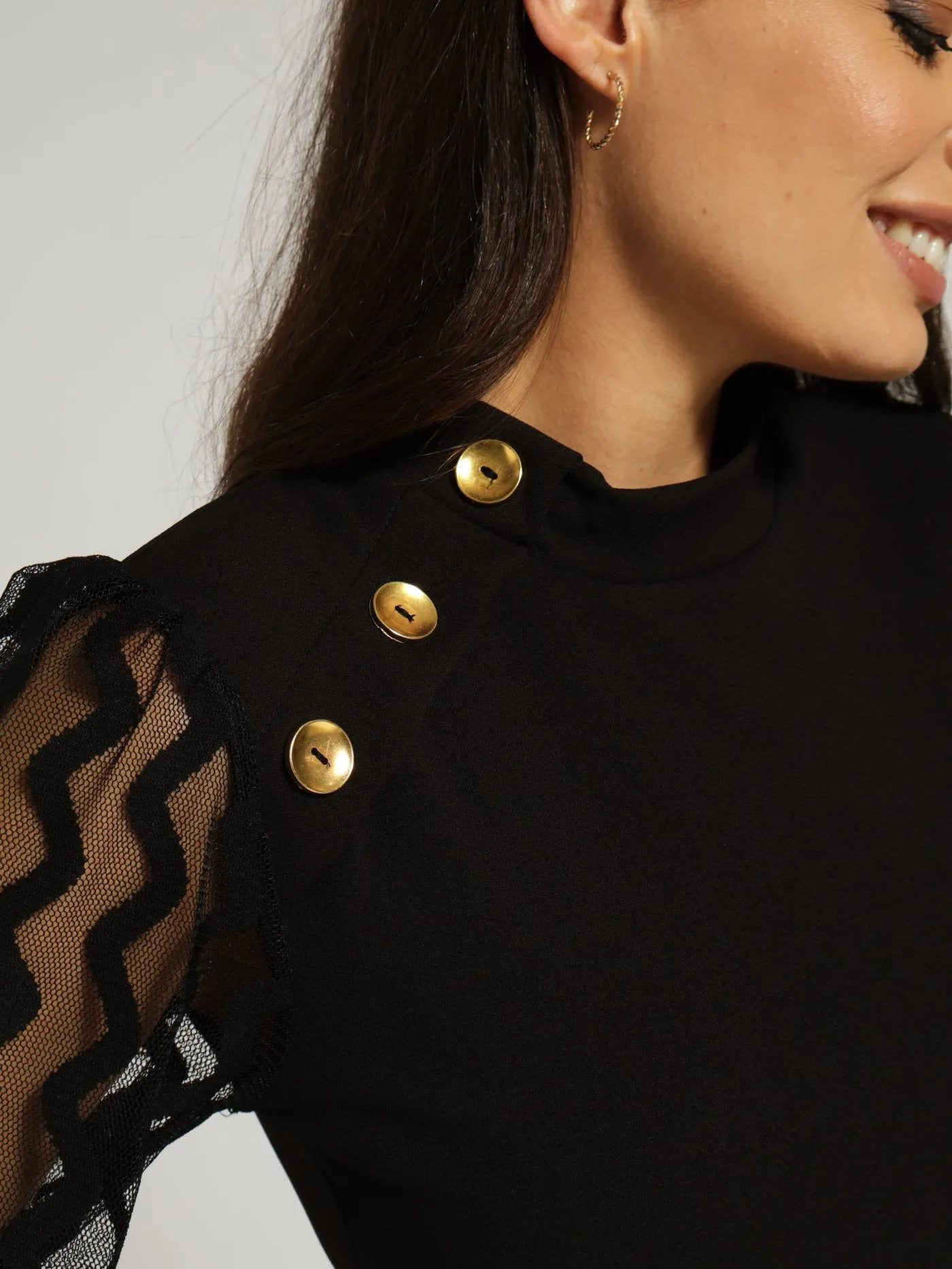 Hi Neck Button Raglan Combo Blouse - Black