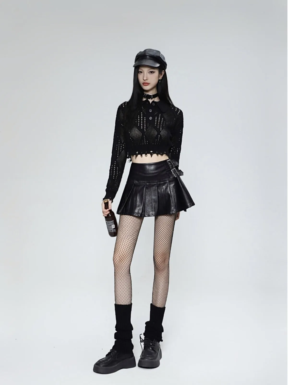 High waist a-line pleated leather skirt