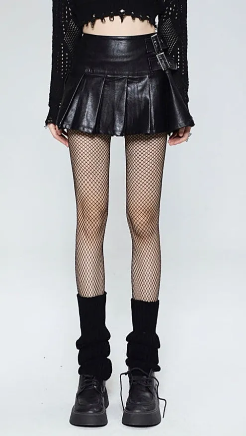 High waist a-line pleated leather skirt