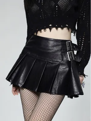High waist a-line pleated leather skirt