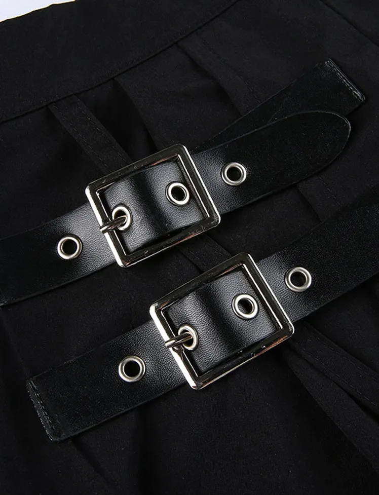 Irregular pleated skirt with black leg loops