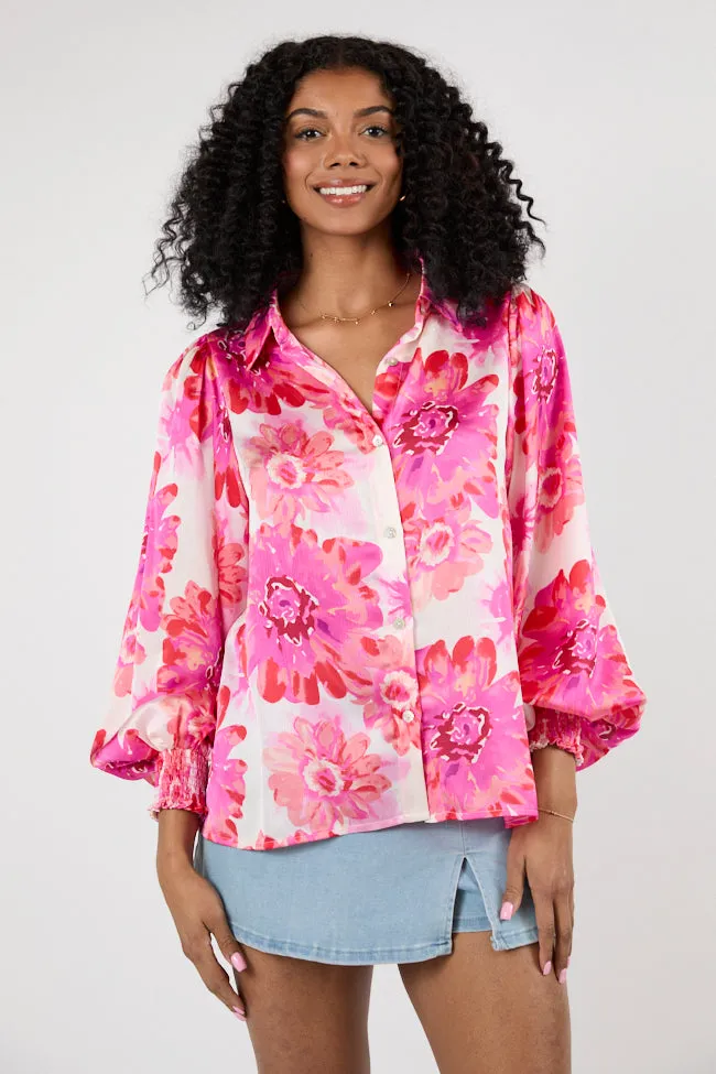 I've Been Waiting Rose Floral Satin Button Down Blouse SALE