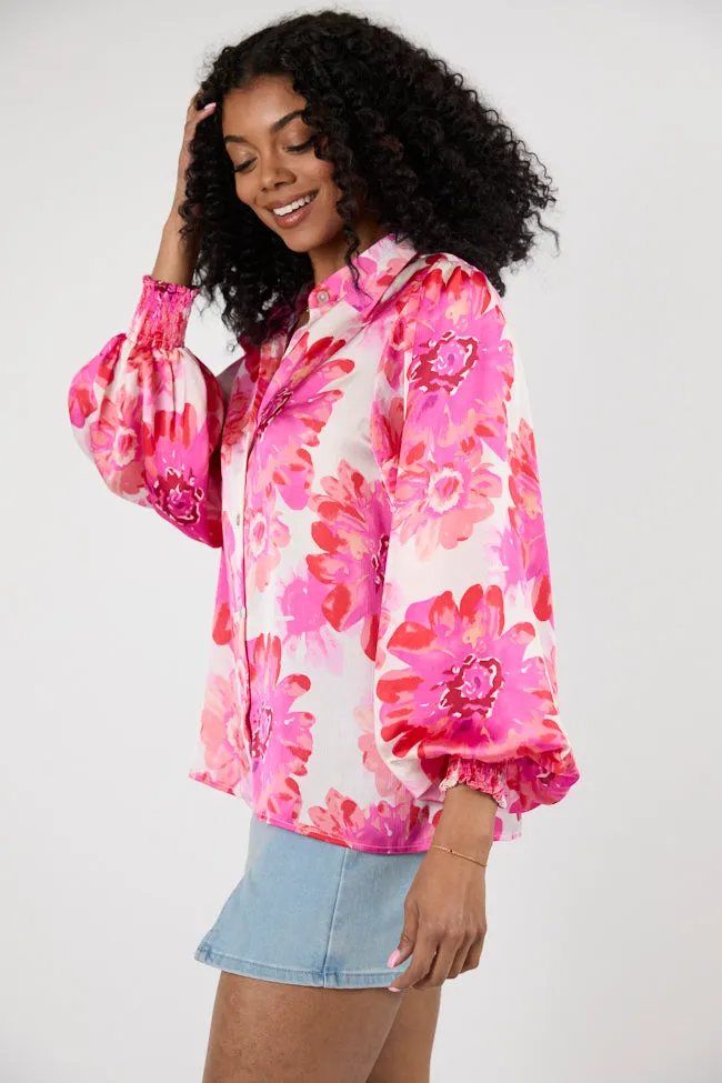 I've Been Waiting Rose Floral Satin Button Down Blouse SALE