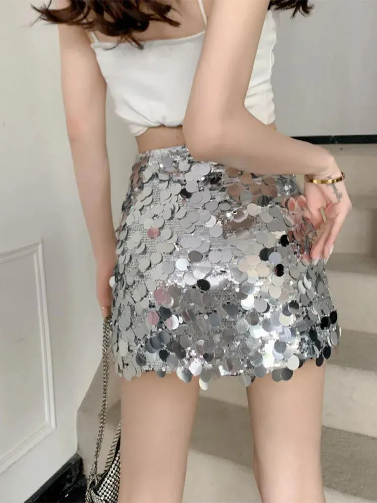 JazzHer Sequin Slim Mini Skirts For Women Summer Sexy Bodycon High Waist Skirt Femme Street Casual Club Fashion Flash Falda Mujer