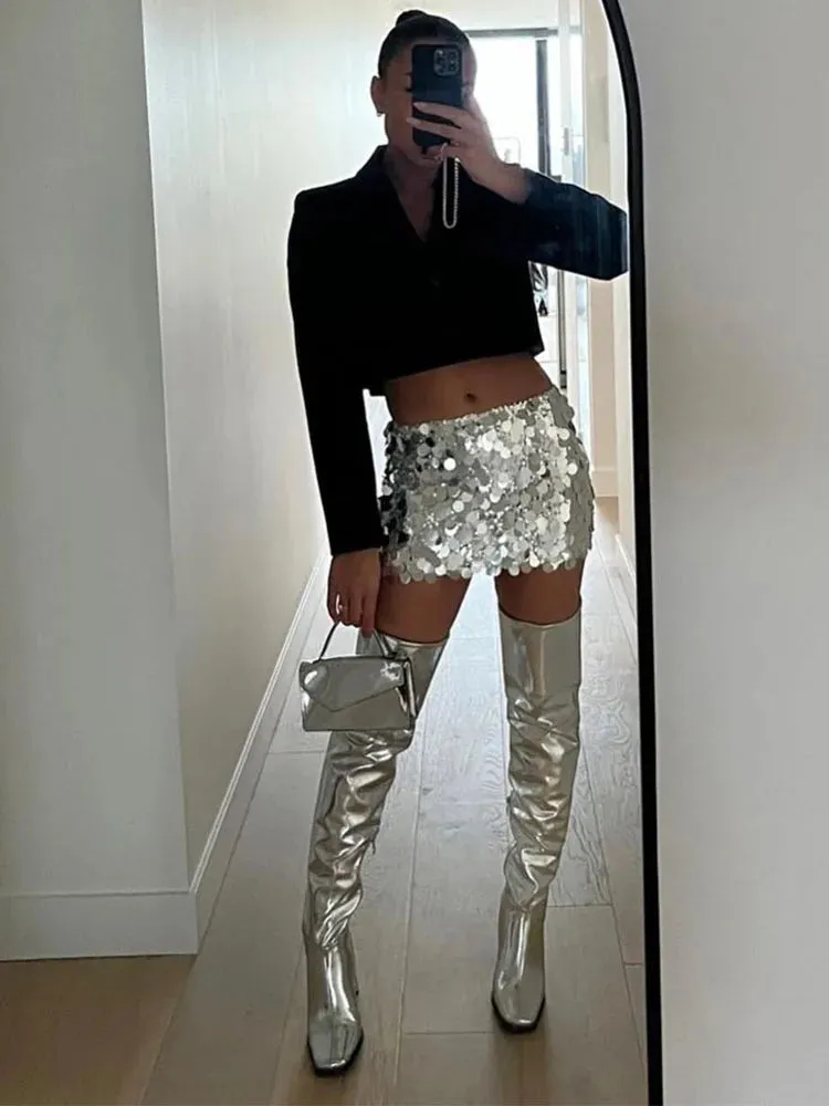 JazzHer Sequin Slim Mini Skirts For Women Summer Sexy Bodycon High Waist Skirt Femme Street Casual Club Fashion Flash Falda Mujer