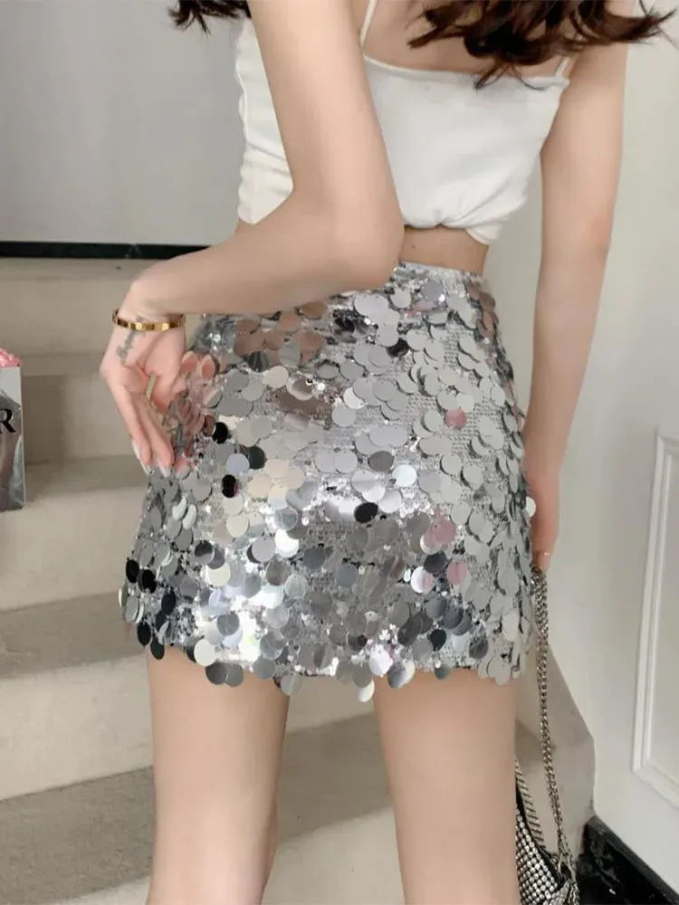 JazzHer Sequin Slim Mini Skirts For Women Summer Sexy Bodycon High Waist Skirt Femme Street Casual Club Fashion Flash Falda Mujer