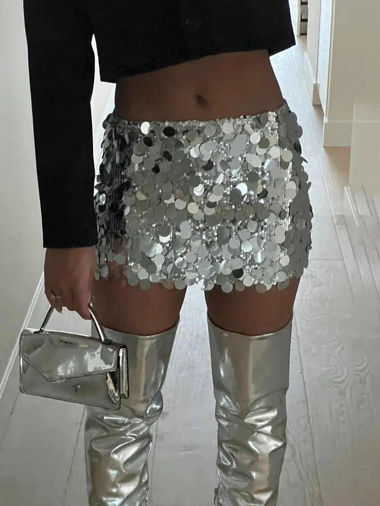 JazzHer Sequin Slim Mini Skirts For Women Summer Sexy Bodycon High Waist Skirt Femme Street Casual Club Fashion Flash Falda Mujer