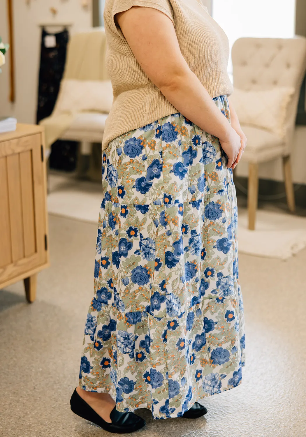 'Kaly' Printed Floral Elastic Waist Midi Skirt
