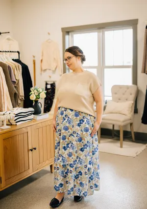 'Kaly' Printed Floral Elastic Waist Midi Skirt