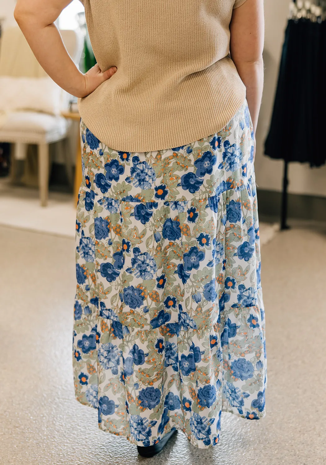 'Kaly' Printed Floral Elastic Waist Midi Skirt
