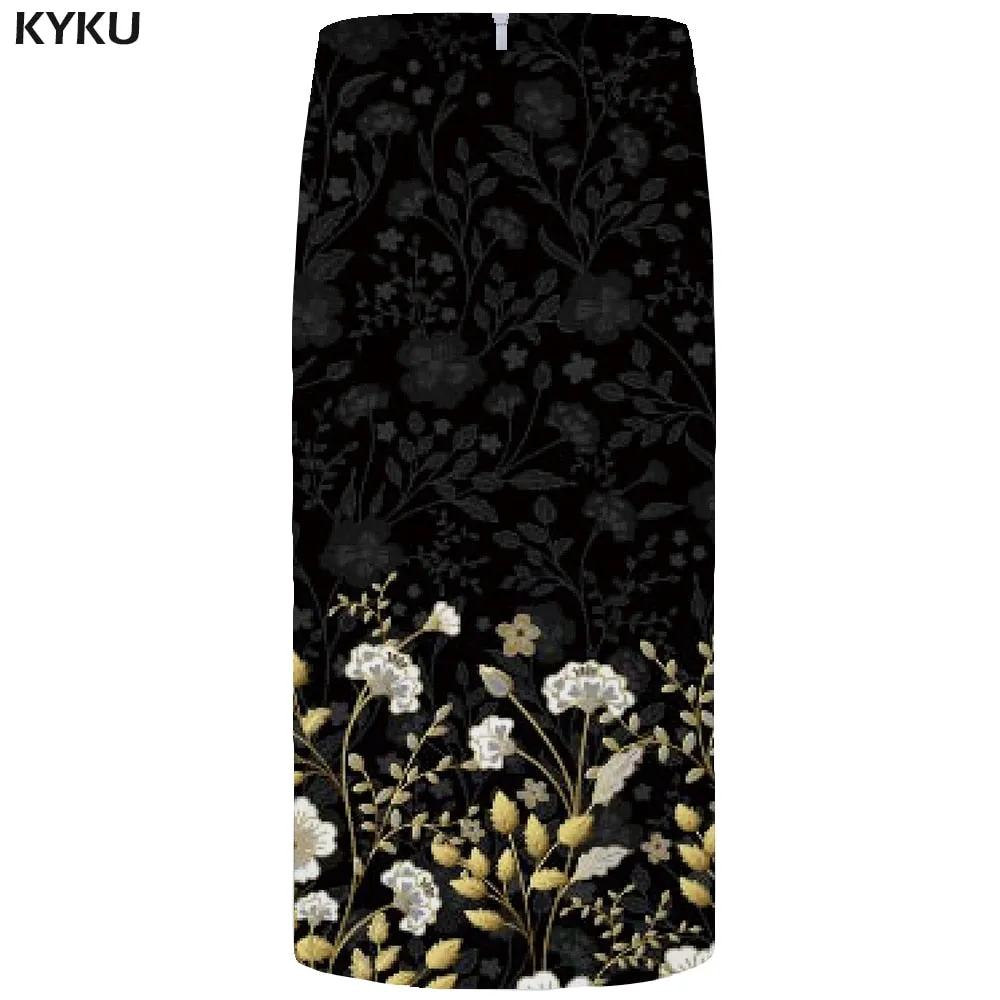 KYKU Flower Skirts Women Black 3d Print Leaves Casual Retro Pencil Floral Sexy Ladies Skirts Womens Funny Sundresses