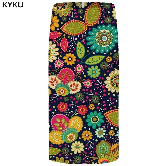 KYKU Flower Skirts Women Black 3d Print Leaves Casual Retro Pencil Floral Sexy Ladies Skirts Womens Funny Sundresses