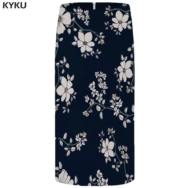 KYKU Flower Skirts Women Black 3d Print Leaves Casual Retro Pencil Floral Sexy Ladies Skirts Womens Funny Sundresses
