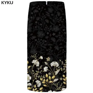 KYKU Flower Skirts Women Black 3d Print Leaves Casual Retro Pencil Floral Sexy Ladies Skirts Womens Funny Sundresses