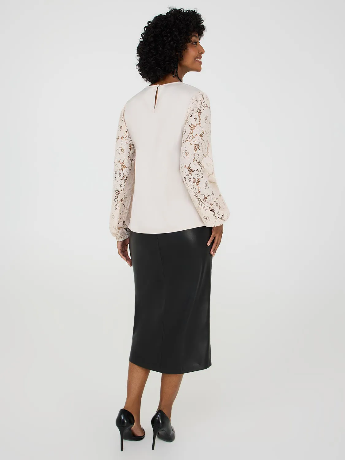 Lace Sleeve Satin Popover Blouse