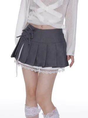 Lace stitching bow-knot pleated short skirt
