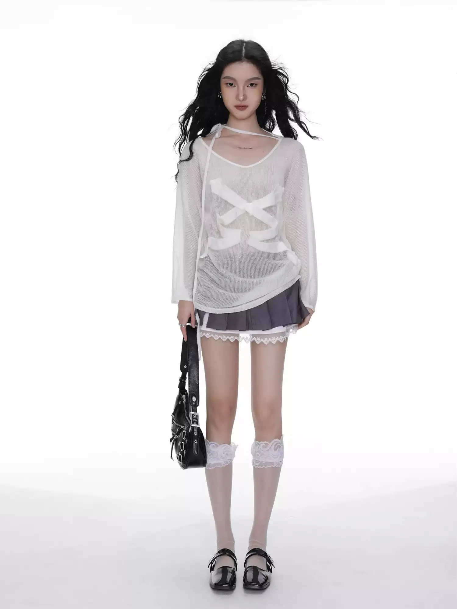 Lace stitching bow-knot pleated short skirt