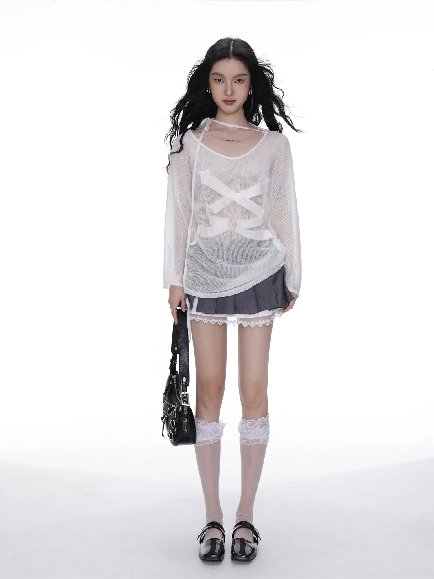 Lace stitching bow-knot pleated short skirt