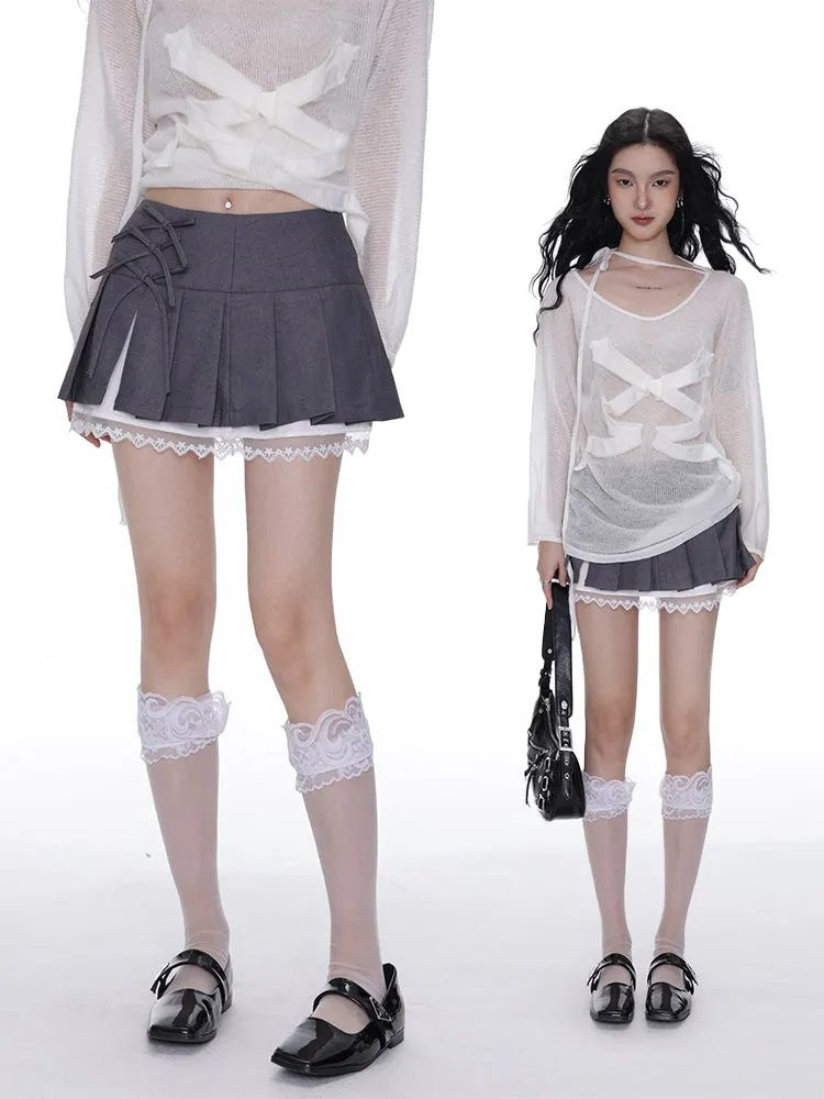 Lace stitching bow-knot pleated short skirt