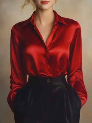 Ladies' Long-Sleeved Satin Blouse - Stylish Top in Various Colours and Sizes