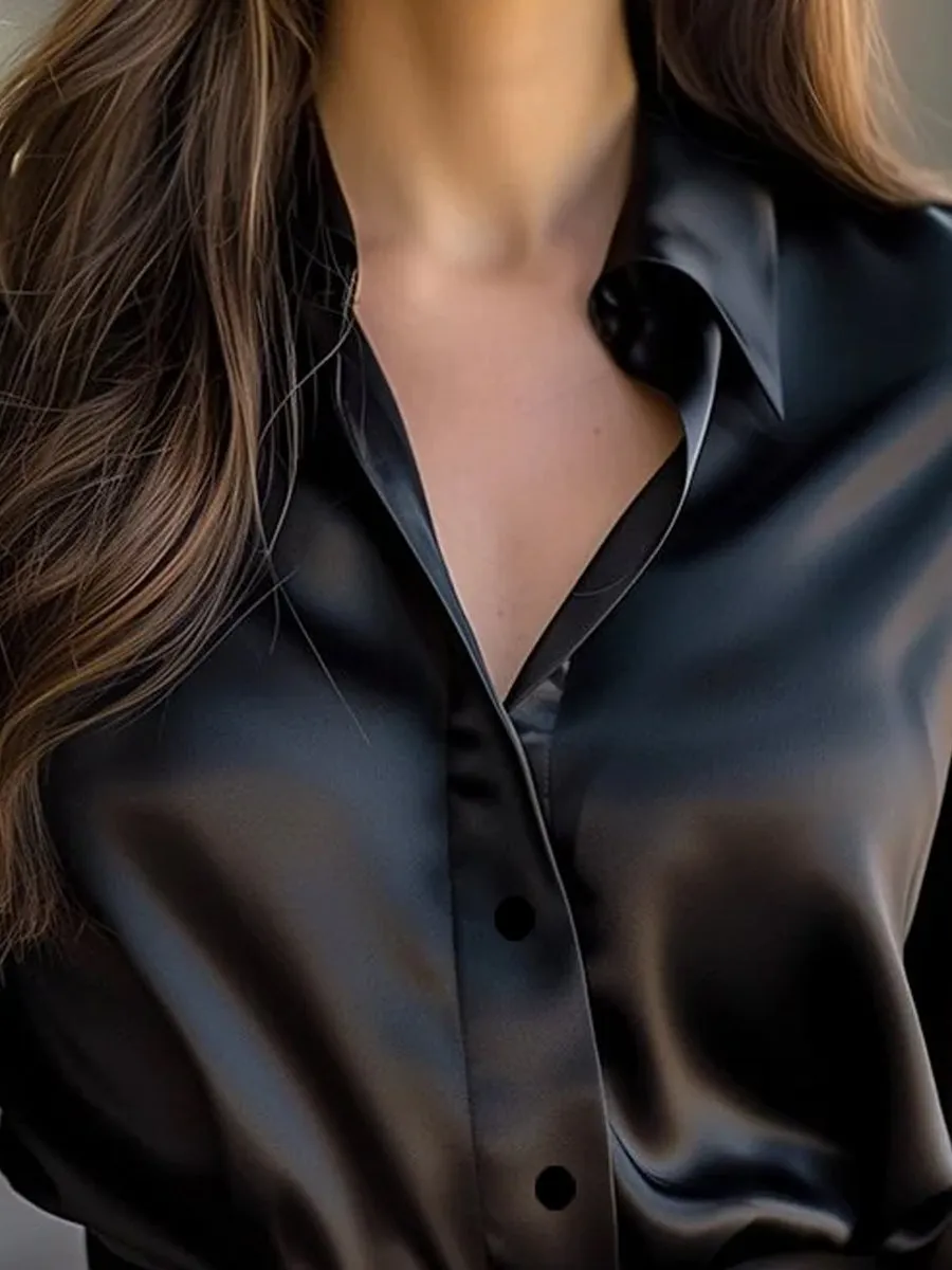 Ladies' Long-Sleeved Satin Blouse - Stylish Top in Various Colours and Sizes
