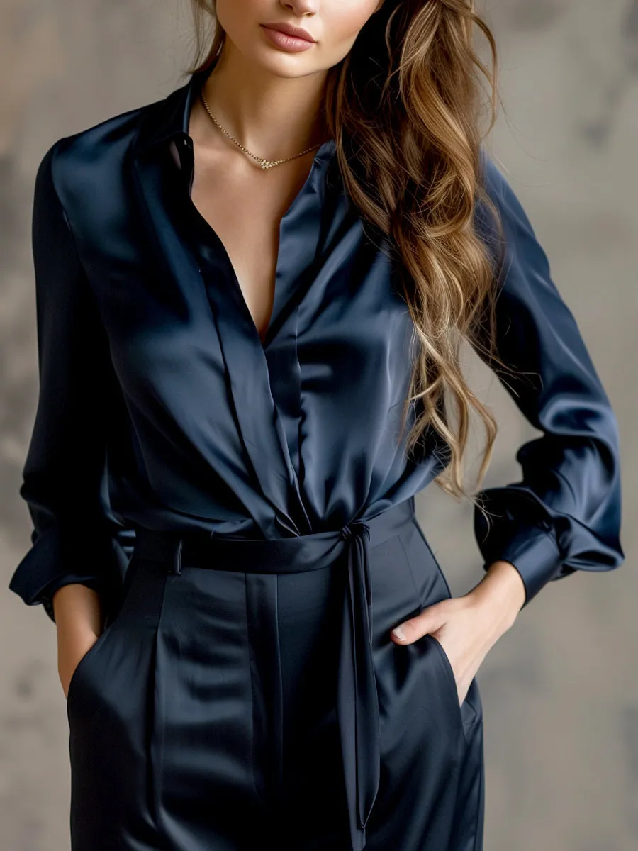 Ladies' Long-Sleeved Satin Blouse - Stylish Top in Various Colours and Sizes