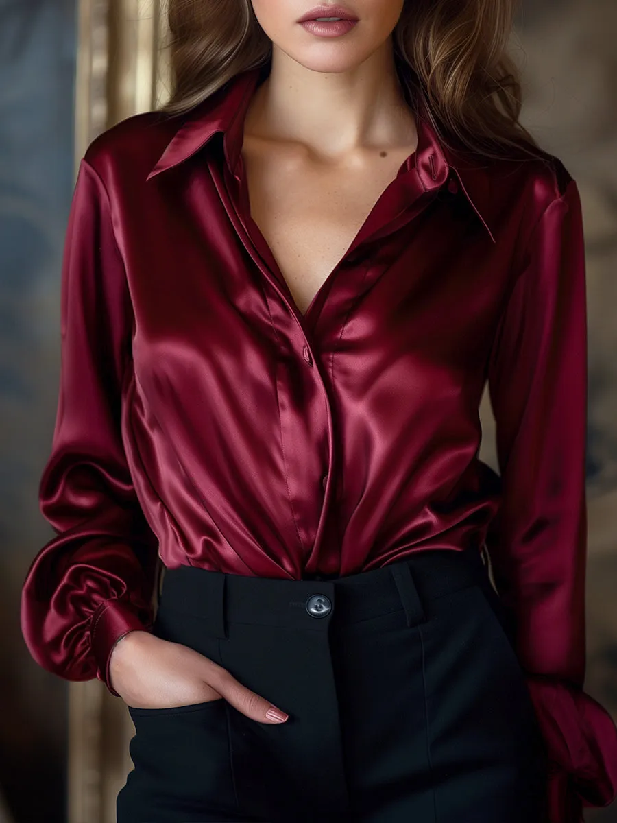 Ladies' Long-Sleeved Satin Blouse - Stylish Top in Various Colours and Sizes