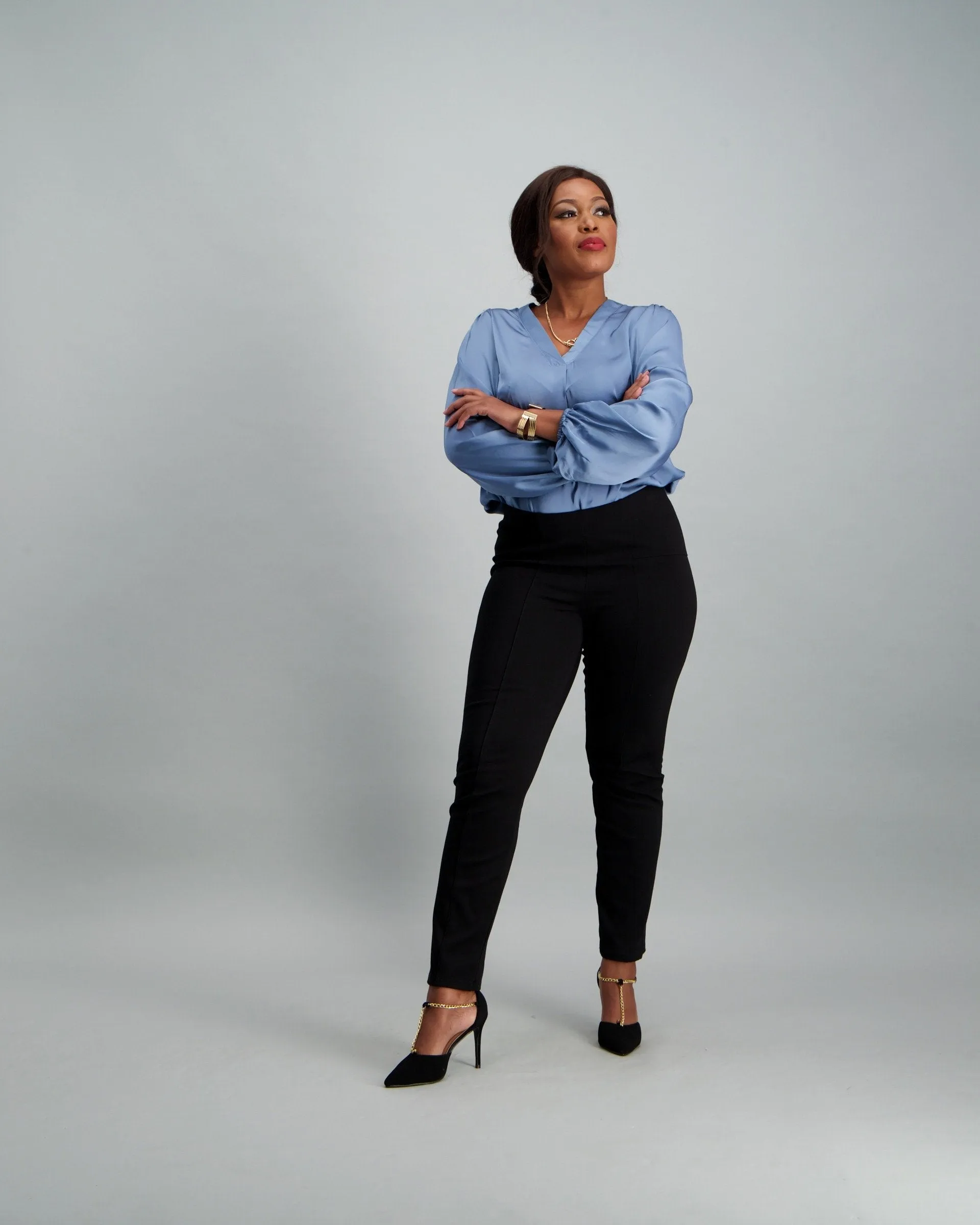 Ladies Satin V-Neck Blouse - BlueBell