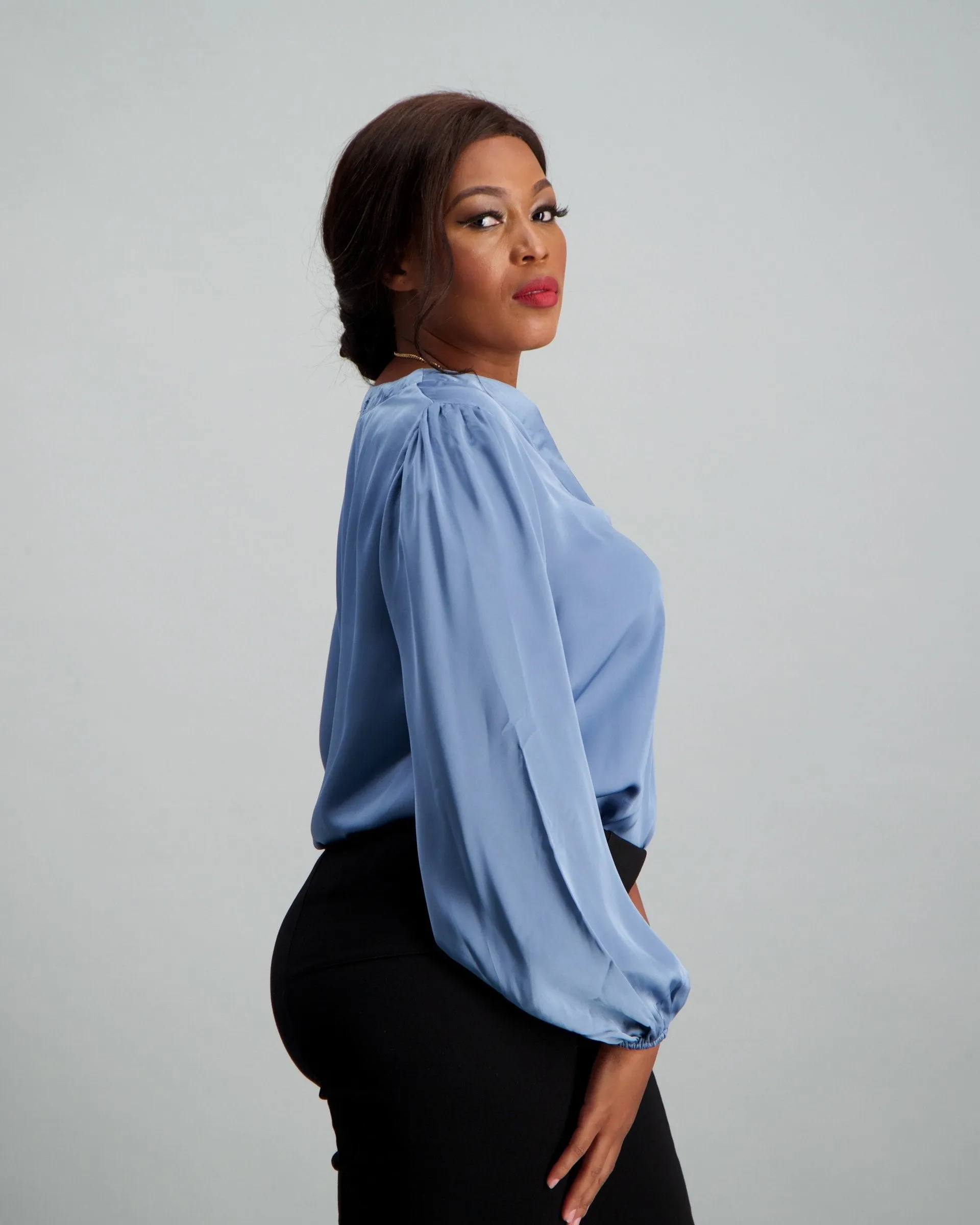 Ladies Satin V-Neck Blouse - BlueBell