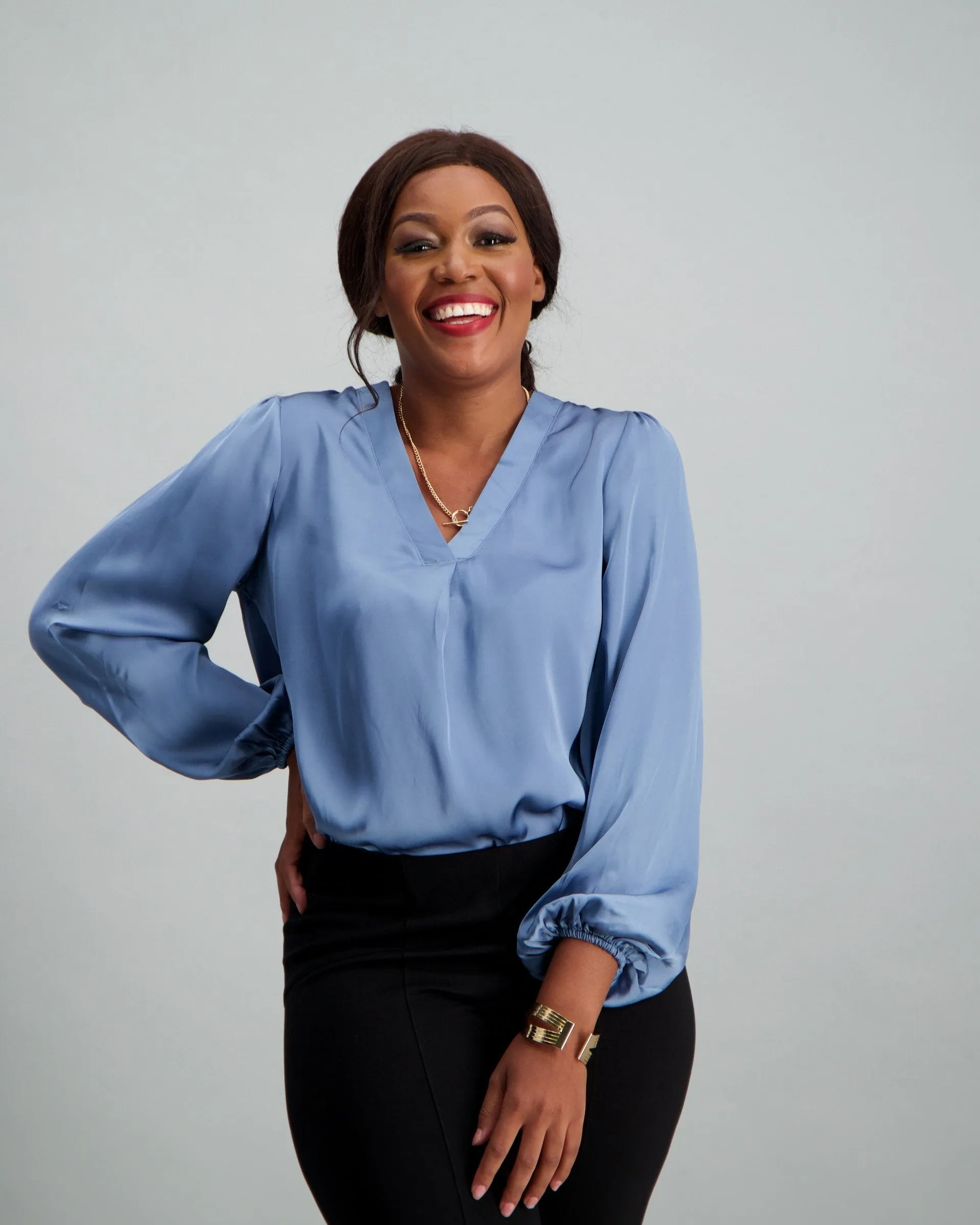 Ladies Satin V-Neck Blouse - BlueBell