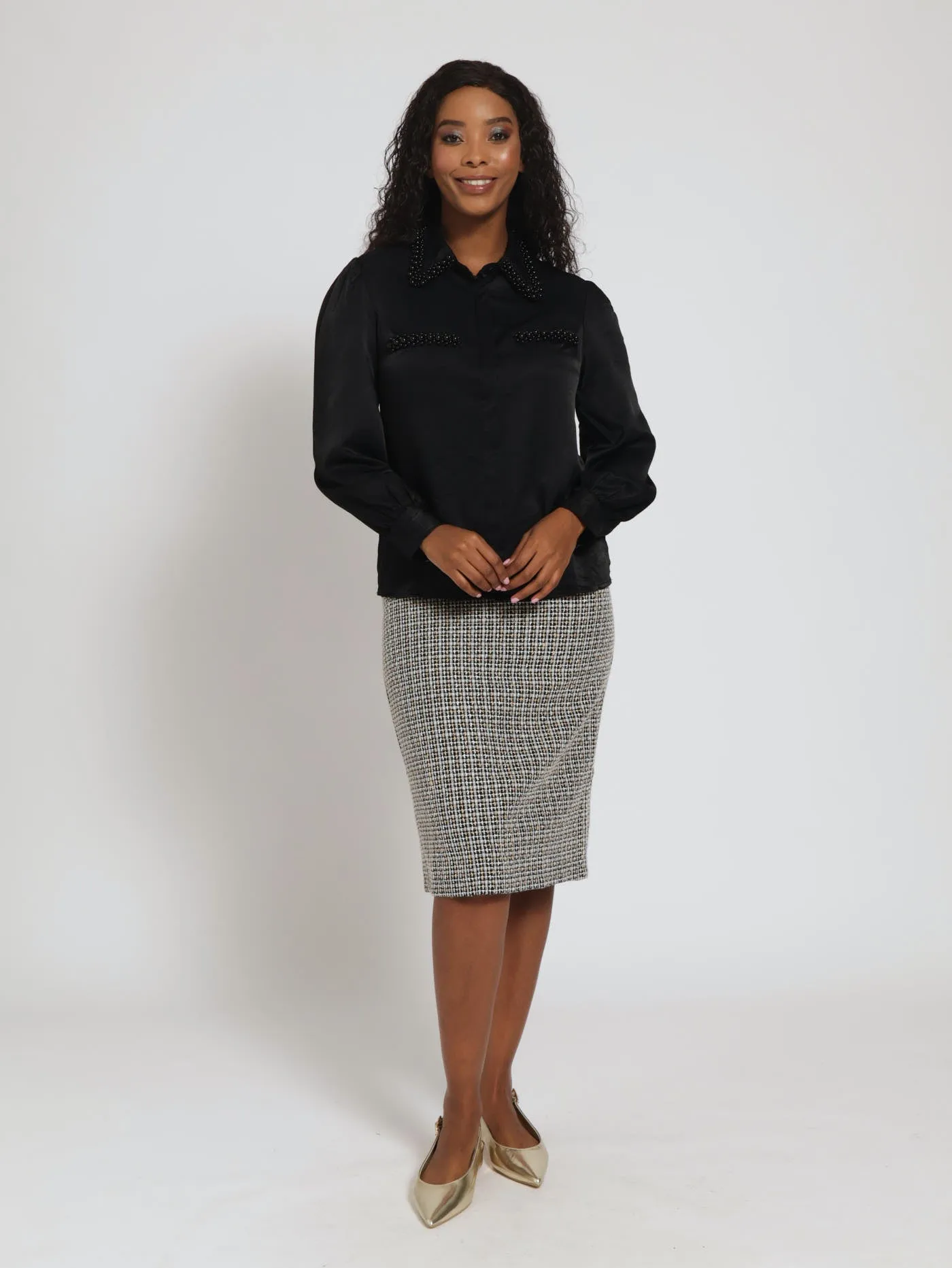 Long Sleeve Satin Pearl Detail Shirt - Black