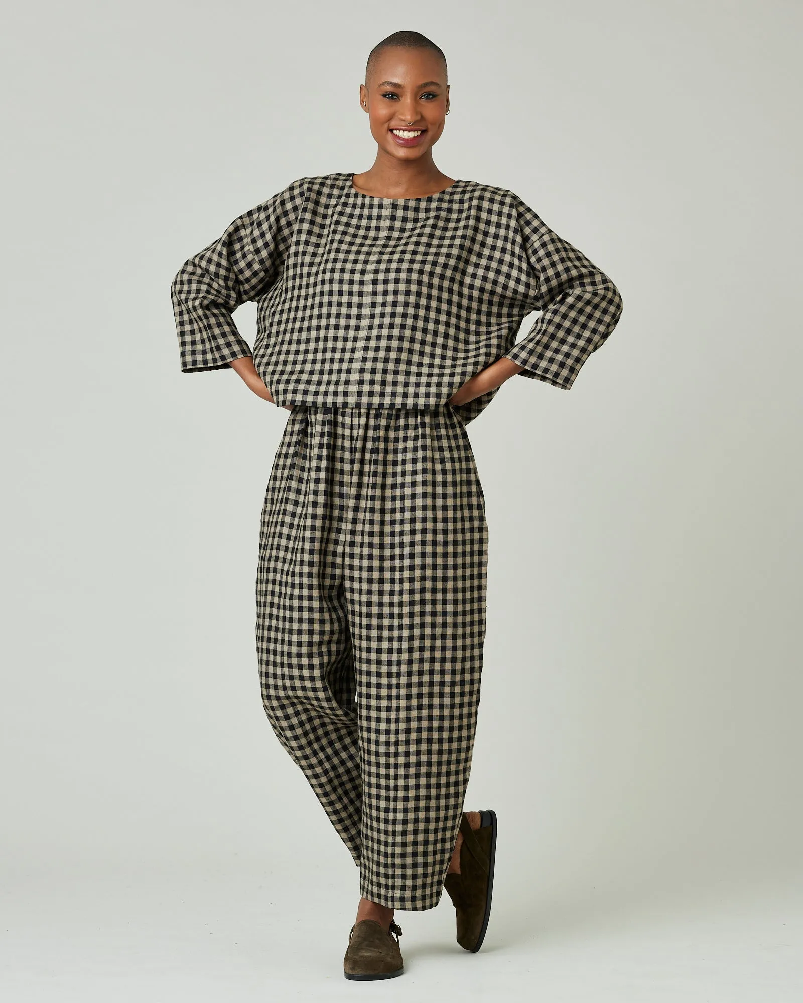 Mabel Coffee Gingham Linen Trousers