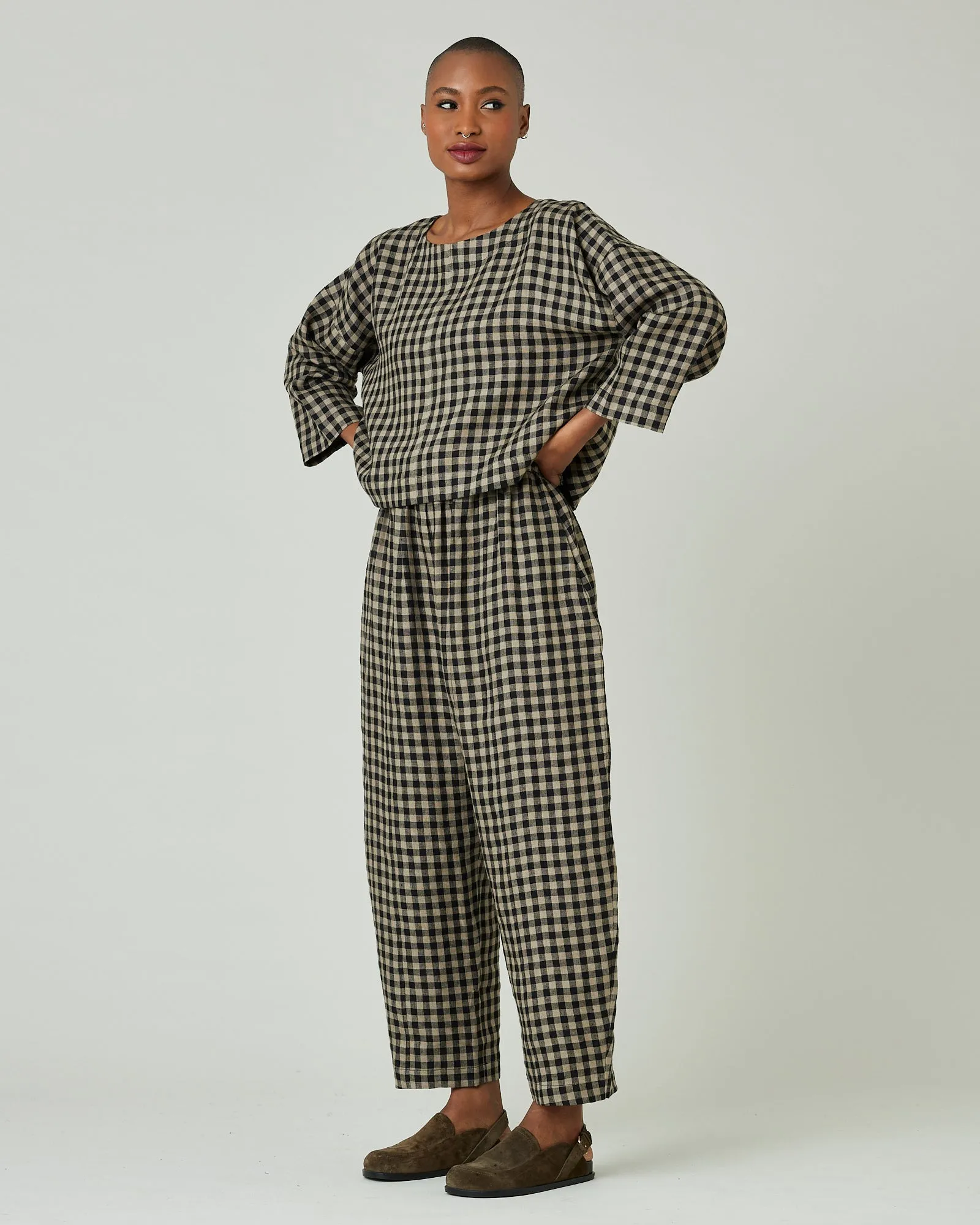 Mabel Coffee Gingham Linen Trousers