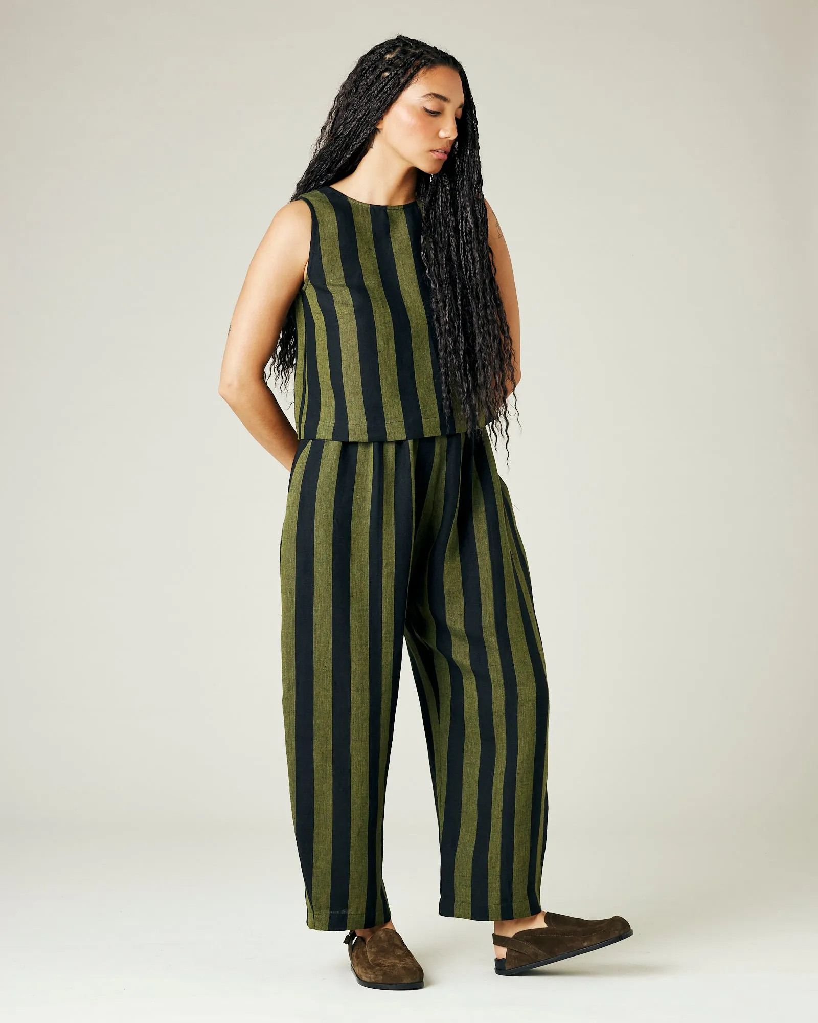 Mabel Olive and Black Stripe Linen Trousers