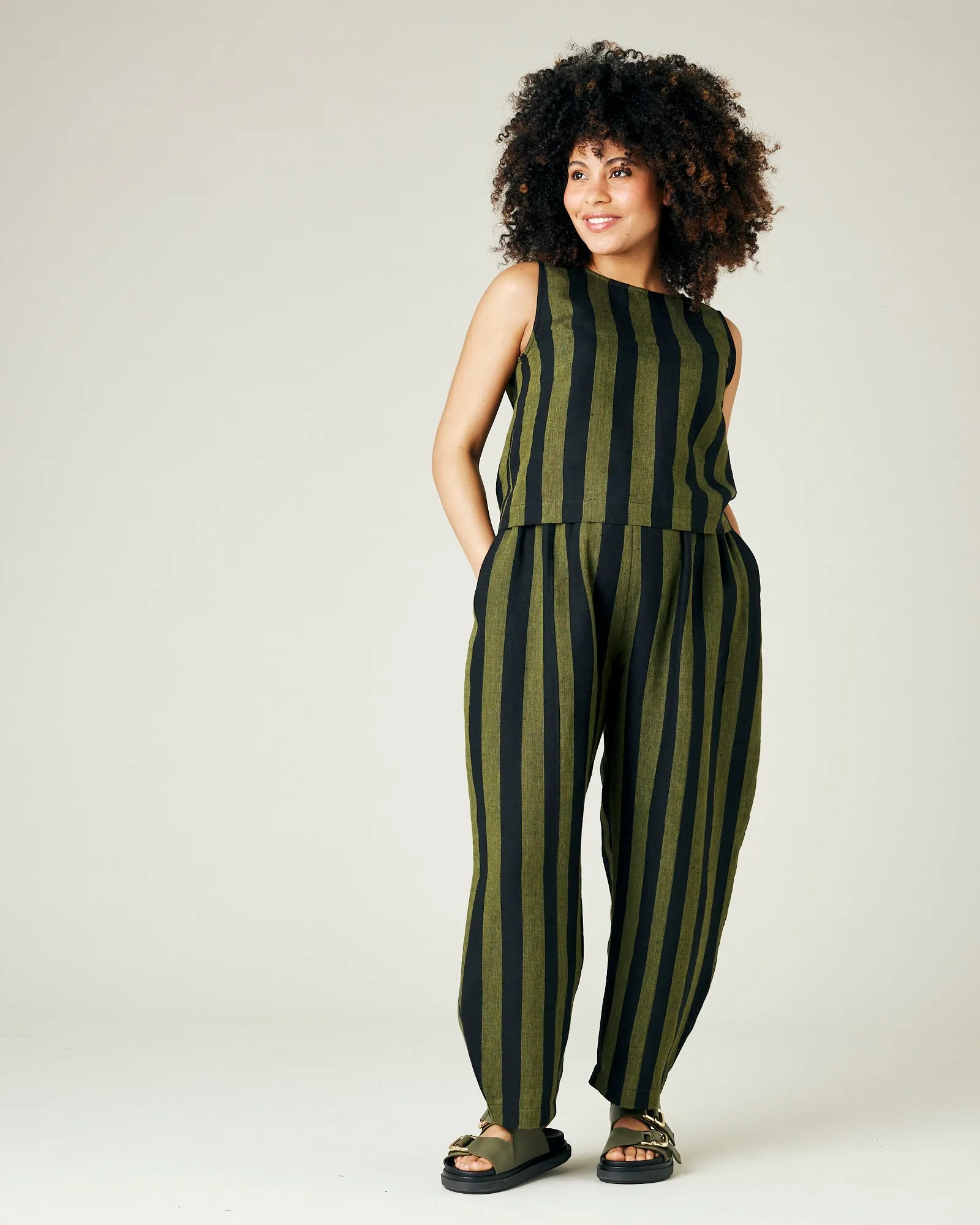 Mabel Olive and Black Stripe Linen Trousers
